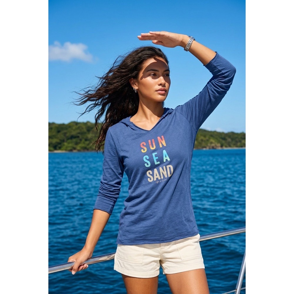 Life is Good Womens Sun Sea Sand Blue Hooded Long Sleeve Graphic Tee Shirt M